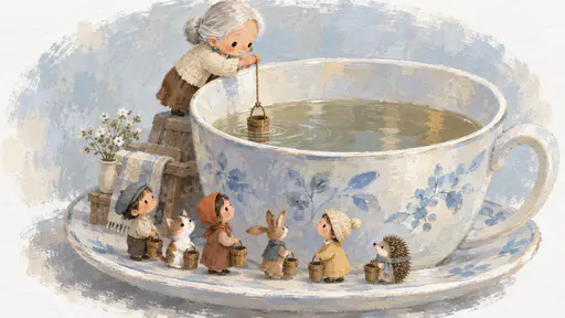 A very small elderly woman with a silver bun, jade earrings and a cream cardigan lowers a tiny wooden bucket on a thread from the rim of a half-full giant porcelain teacup while a line of thumb-sized residents wait with buckets on the saucer in cool light.