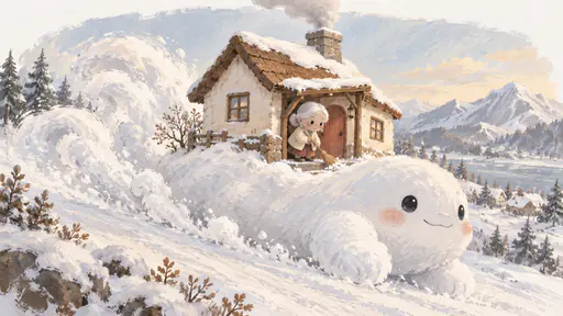 A very small elderly woman with silver-white hair in a low bun and a cream cardigan sweeps a path with a small broom at the doorstep of a tiny house with a red door and smoking chimney riding on a snowbank sliding slowly across a hillside with snow curling behind it.