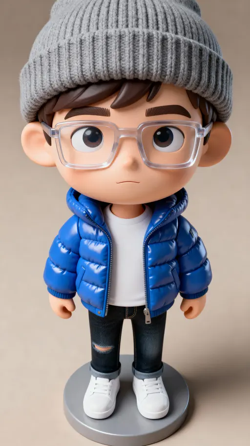 Funko Pop–style vinyl figure of a young man in a bright blue puffy jacket and grey beanie, seen from an ultra-wide overhead fisheye perspective in a high-res 3D render on a neutral background.