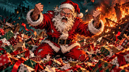 Santa Claus in a red suit and glasses kneels in a heap of wrecked wrapped gifts with both fists raised and his mouth open shouting as embers glow on the right under a dark teal sky.