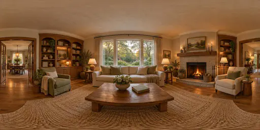 A full 360 degree equirectangular panorama from the centre of a cozy furnished living room with a sofa, armchairs, a rug, a fireplace, bookshelves and a large window with a garden view.