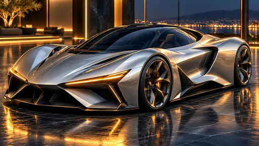 A sleek low futuristic concept sports car with sharp aerodynamic lines and glowing light signatures sits on a polished showroom floor with soft reflections.