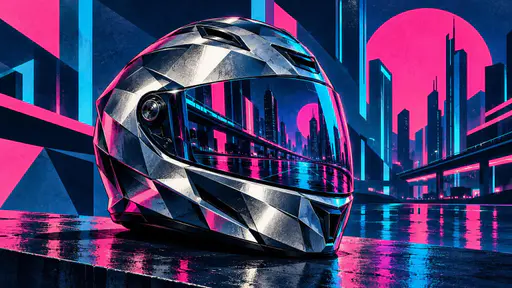 A futuristic motorcycle helmet with a mirrored visor reflecting a neon city street at night rests alone on a dark surface.