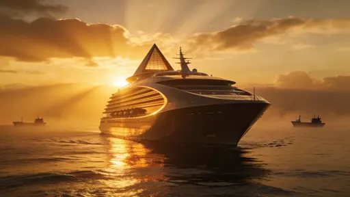 A wide 16:9 sunset scene of a futuristic ocean liner with curved architecture and triangular upper decks glowing amber as the sun sinks behind layered clouds, calm reflective water, distant silhouetted support vessels, and a cinematic, hazy