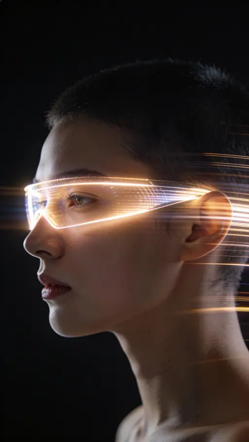 Side-profile futuristic portrait of a human figure with a smooth glowing energy visor over the eyes and subtle light streams flowing backward against a dark empty background, framed tall in a 9:16 portrait crop.