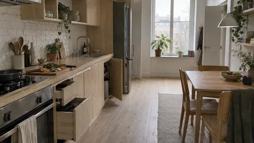 A compact galley kitchen runs along one wall of a thirty square metre flat with a long oak worktop between a two-ring hob and a small sink, a pan on the hob and chopped vegetables on a board, the floor aisle clear in overcast daylight.