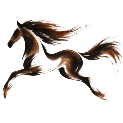 A minimalist brush artwork of a galloping horse captured in flowing strokes with a sweeping mane, dissolving into tapered ends on transparency.
