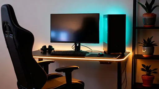 A cozy gaming desk scene lit by warm LED strips and soft ambient lamps, with a comfortable chair, plants on shelves, and a sleek illuminated rig creating an inviting atmosphere.
