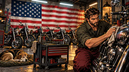 Garage interior with a huge waving flag mural behind motorcycles and a mechanic wiping chrome.