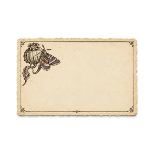 Original gothic botanical Halloween card in engraved vintage style: a small parchment meeting card with a finely engraved dried seed pod and moth paired in its upper corner, faded black line work with muted plum and a pumpkin accent on cream parchment, the rest left as a broad plain blank writing area, isolated on a transparent background.