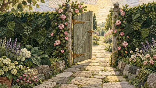 A slightly open wooden garden gate in a dark green hedge with climbing roses and a flagstone path to a bright garden in joined fabric patches and quilting stitches.