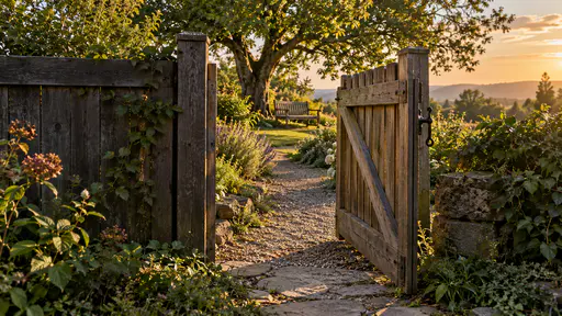 A wooden garden gate stands unlatched and slightly open toward a visible bench under a tree at dusk, the latch hanging free and warm side light along the path with the fence dark on either side.