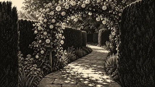A curving flagstone garden path between tall clipped yew hedges passes under a rose-covered arch with dappled light in black and white line engraving.