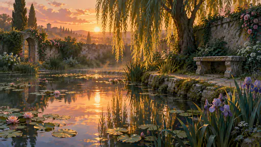 A walled garden pond with pink water lilies and lily pads, a stone bench and a drooping willow backlit by golden sunset haze.