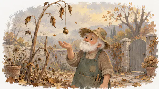 An old gardener in a patched straw hat and green apron catches a single dry seed pod shaped like a tiny brass doorknob in his open palm under the withered stalk of a door plant in late autumn, fallen leaves around him in soft golden-grey light.