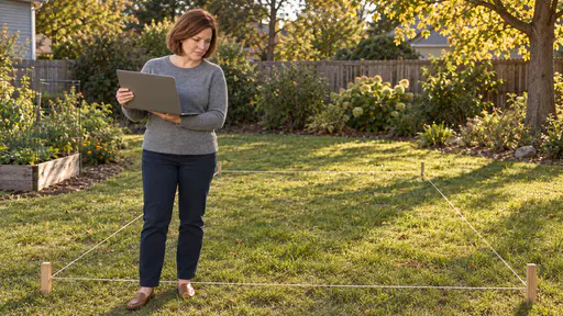 A woman with auburn bob in a heather-grey sweater stands at the edge of a staked rectangle of lawn with string between the pegs, holding an open laptop against her chest with the back of its lid to the camera, in broad afternoon light.