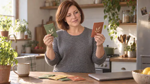 A woman with auburn bob in a heather-grey sweater stands at a kitchen counter holding up one plain seed packet in each hand, comparing them, with a closed laptop and more plain seed packets spread beside her.