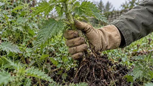 Grasping the nettle: a thick work glove closes firmly around a stinging nettle stem, serrated leaves and fingers visible, roots lifting from dark garden soil.