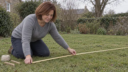 A woman with auburn bob in a heather-grey sweater kneels on a lawn holding a plain tape measure taut along the grass beside two wooden pegs and a ball of string in overcast daylight.