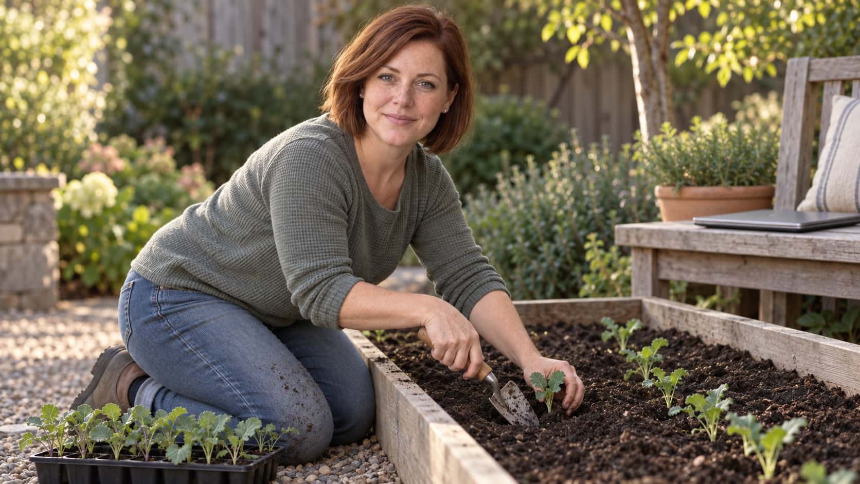 A woman with auburn bob in a heather-grey sweater kneels at a finished garden bed planting a row of small seedlings from a plain tray with a hand trowel, a closed laptop on a bench at the edge of the frame in soft late light.