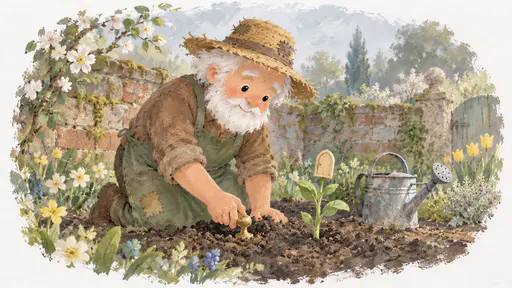 An old gardener in a patched straw hat and green apron plants a doorknob-shaped seed in a small mound of dark soil with his thumb while beside him a new green shoot shows a tiny door-shaped bud at its tip, a watering can and mossy garden bricks behind in fresh morning light.