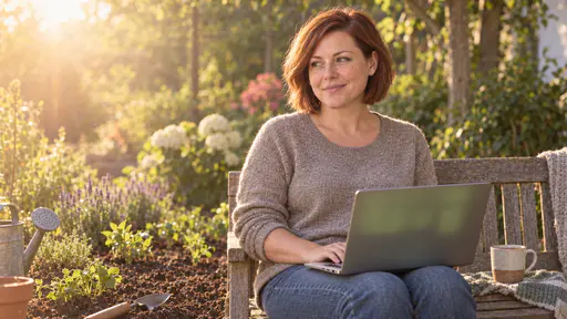 A woman with auburn bob in a heather-grey sweater sits on a garden bench beside a freshly planted bed with an open laptop on her knees glowing softly and a mug of tea beside her, strong low sun laying a golden veil across the scene.