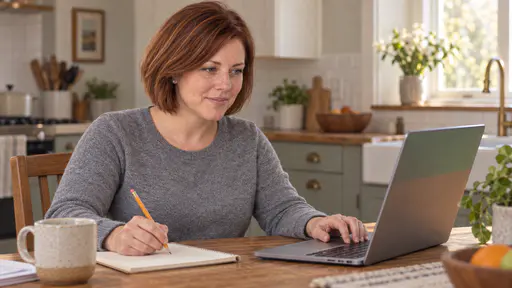 A woman with auburn bob in a heather-grey sweater sits at a kitchen table with an open laptop angled toward her, its screen edge glowing faintly, one hand on the trackpad and the other holding a pencil over a notepad.