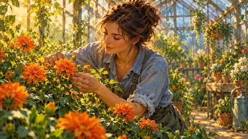 A gardener bent over an orange flowering plant inside a sunlit greenhouse full of green foliage.