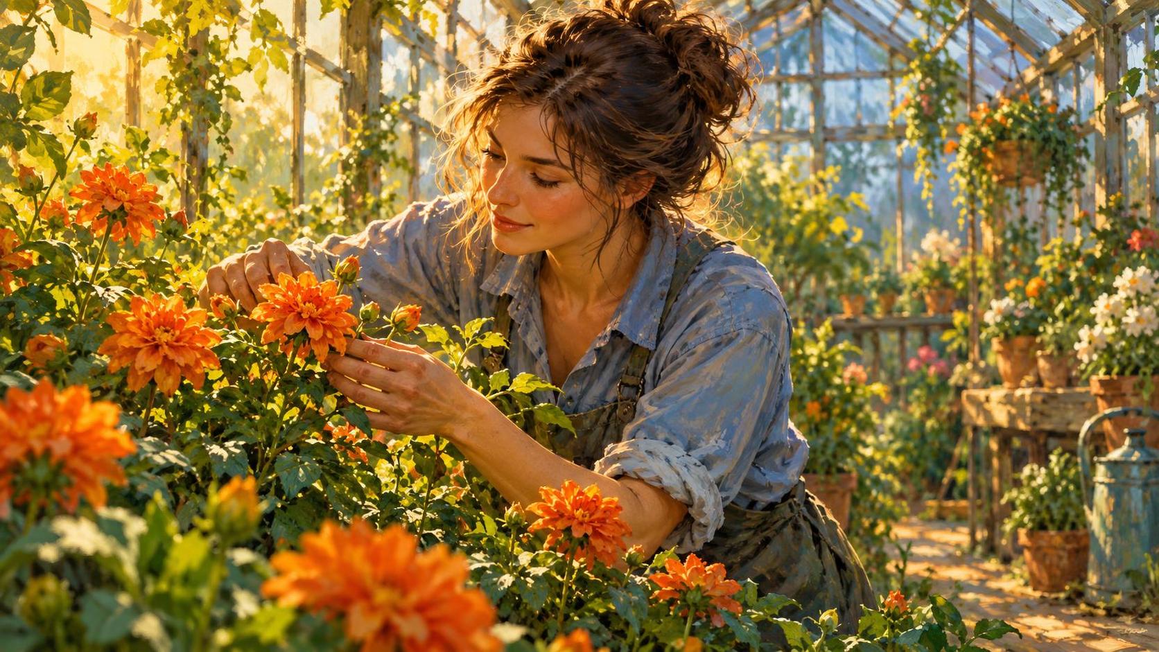 A gardener bent over an orange flowering plant inside a sunlit greenhouse full of green foliage.