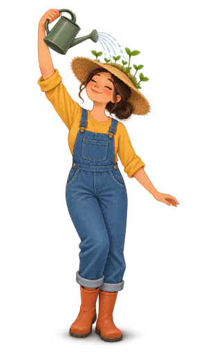 A flat storybook illustration of a gardener in denim overalls and a straw hat watering small green sprouts growing from the hat brim, with a soft contact shadow on transparency.