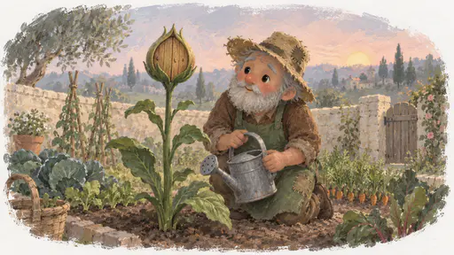 An old gardener in a patched straw hat and green apron kneels beside a tall green stalk with a closed round bud shaped like a small wooden door in a walled kitchen garden at dawn, a watering can in his hand.