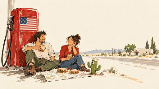 Adults picnicking beside a vintage gas pump with a flag panel and sandwiches on a blank map.