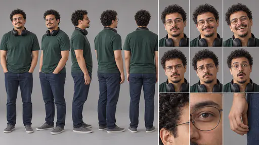 A 16:9 studio character sheet of a man with round glasses, curly hair and headphones round his neck in a green t-shirt, dark jeans and grey sneakers, shown in five full-body views, six expressions and three close details.
