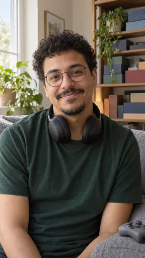 A tall man in his late twenties with round-framed glasses, short curly dark hair, a trimmed moustache and chin beard and over-ear headphones round his neck, in a forest-green t-shirt on a sofa with shelves of board games behind him.