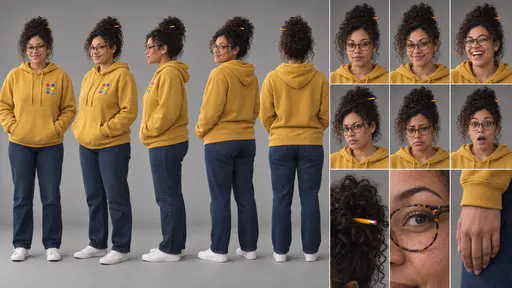 A 16:9 studio character sheet of a woman with round glasses and a curly bun in a mustard hoodie with small pins, blue jeans and white sneakers, shown in five full-body views, six expressions and three close details.
