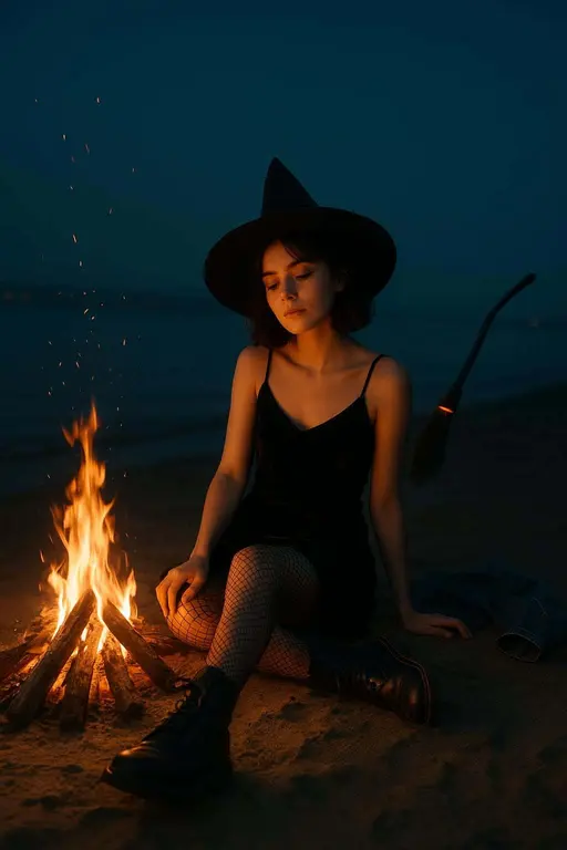 A Gen-Z witch lounges at a nighttime seaside bonfire with a hi-tech broom hovering near the tide, warm embers and cool sea air shaping a cinematic warm-cool portrait with open sky copy space.