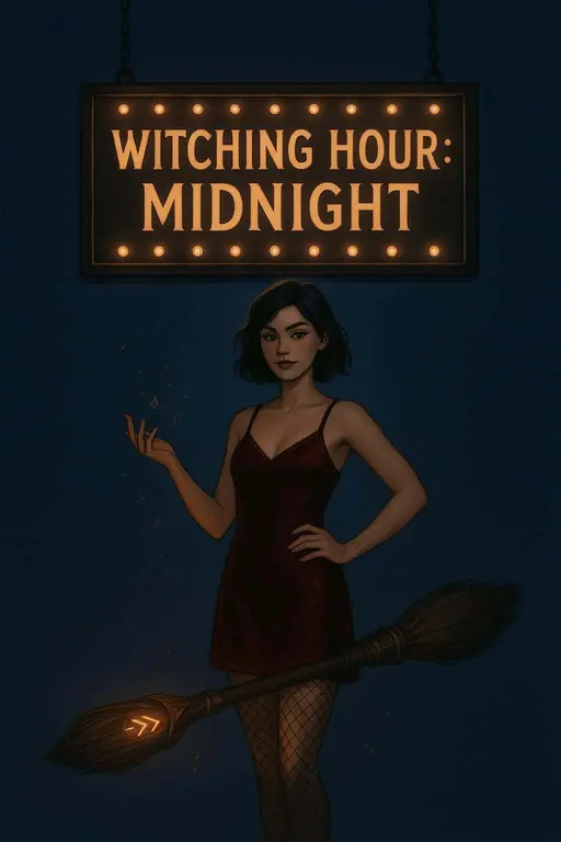 A confident Gen-Z witch poses beneath hanging marquee letters that read "WITCHING HOUR: MIDNIGHT," warm bulbs create a cozy wrap while cool night tones add contrast for a cinematic poster-ready image.