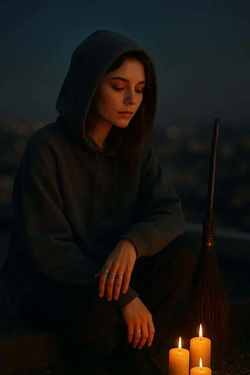 A Gen-Z witch sits in a calm, intimate pose on a rooftop edge, clustered candles at her feet casting warm amber flicker on skin while the city behind folds into deep bokeh and a clean wall remains for copy.