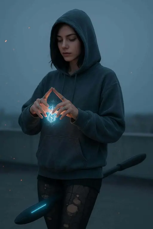 Creative ad-style photo of a Gen-Z witch casting a small protective ward on a minimal rooftop with hoodie, rings, ripped tights and a hovering broom, ember flecks present.