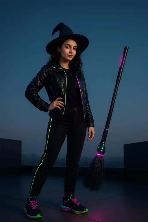 A Gen-Z witch poses on a sleek rooftop in neon-edged streetwear with magenta, cyan and acid-green accents, a hi-tech LED broom hovering beside her, playful attitude and spare negative space for a headline.