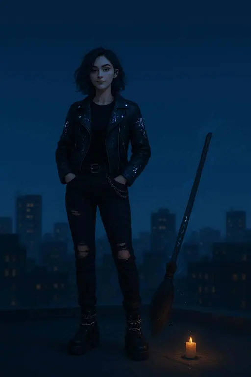 A stylized commercial photo of a Gen-Z witch on a city rooftop at night, relaxed pose with hands in pockets, glowing sigils on leather jacket, hovering hi-tech broom and neon skyline bokeh.