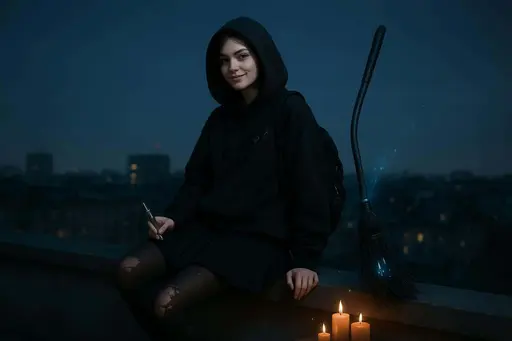 A confident Gen-Z witch leans on a city rooftop parapet at night, oversized hoodie and pleated skirt, hi-tech broom hovering with rune glow and warm candle cluster at her feet.