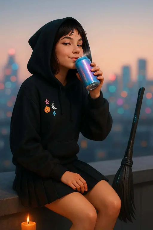 Gen-Z witch on a rooftop parapet pops a shimmering potion soda can mid-sip, playful smirk, hover broom idling, neon skyline bokeh and cozy candle wash present.