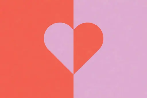 Bold 3:2 horizontal Bauhaus-inspired poster with split coral and lilac color fields bridged by a sharp-edged inverse-color heart, matte vector finish and grid layout for typography.