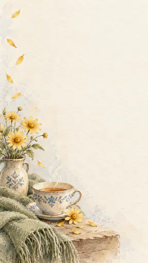 A tall cream watercolor paper card background with yellow daisies in a patterned jug, a steaming patterned teacup on a saucer and a green knitted blanket on a wooden table in the lower left, loose yellow petals drifting up the left edge and a large empty area.