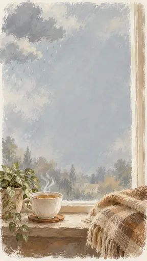 A tall muted dusty gouache card background of a rainy window view with soft grey-blue clouds, a steaming teacup, a potted plant and a folded plaid blanket on a wooden window sill at the bottom and a large plain soft sky.