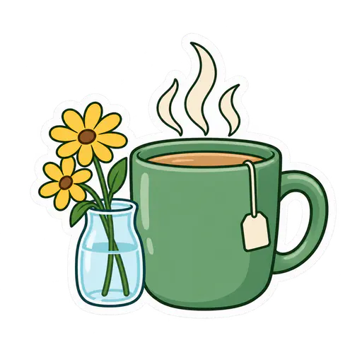 A flat cartoon sticker with a white outline on a transparent background showing a steaming green mug with a tea bag tag beside a small glass jar holding two yellow daisies.