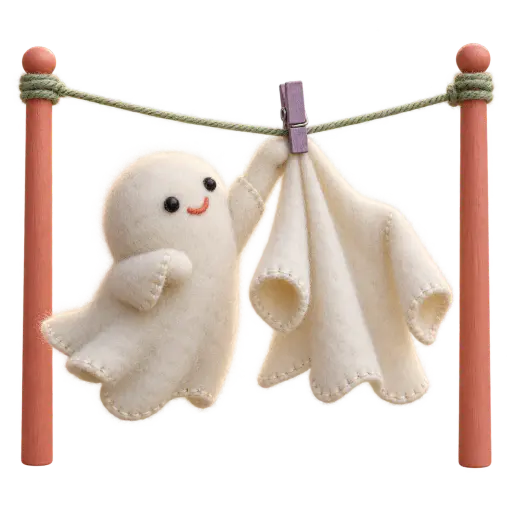 A small needle-felted wool ghost drifts mid-air, pinning a second empty ghost-shaped felt sheet to a miniature washing line between two coral posts. Cute handmade felt Halloween clipart on a transparent background, ready to drop into cards, stickers and party crafts.