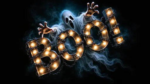 A white ghost with hollow black eyes and an open mouth reaches forward with two hands behind warm bulb-lit metal letters spelling BOO! on a rising diagonal, wrapped in dark chains against black and blue smoke.