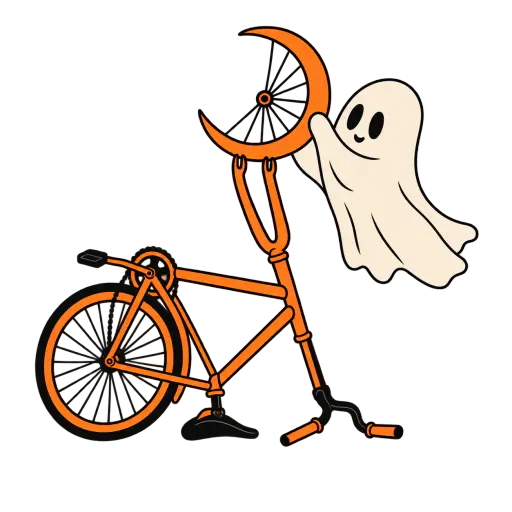 A bone-cream sheet ghost with two dark eyes floats beside an upside-down pumpkin-orange bicycle, lifting a crescent-moon-shaped wheel with a small round hub into the bike's empty front fork, drawn as bold three-ink screen print shapes on a transparent background, a Halloween cycling ghost illustration.